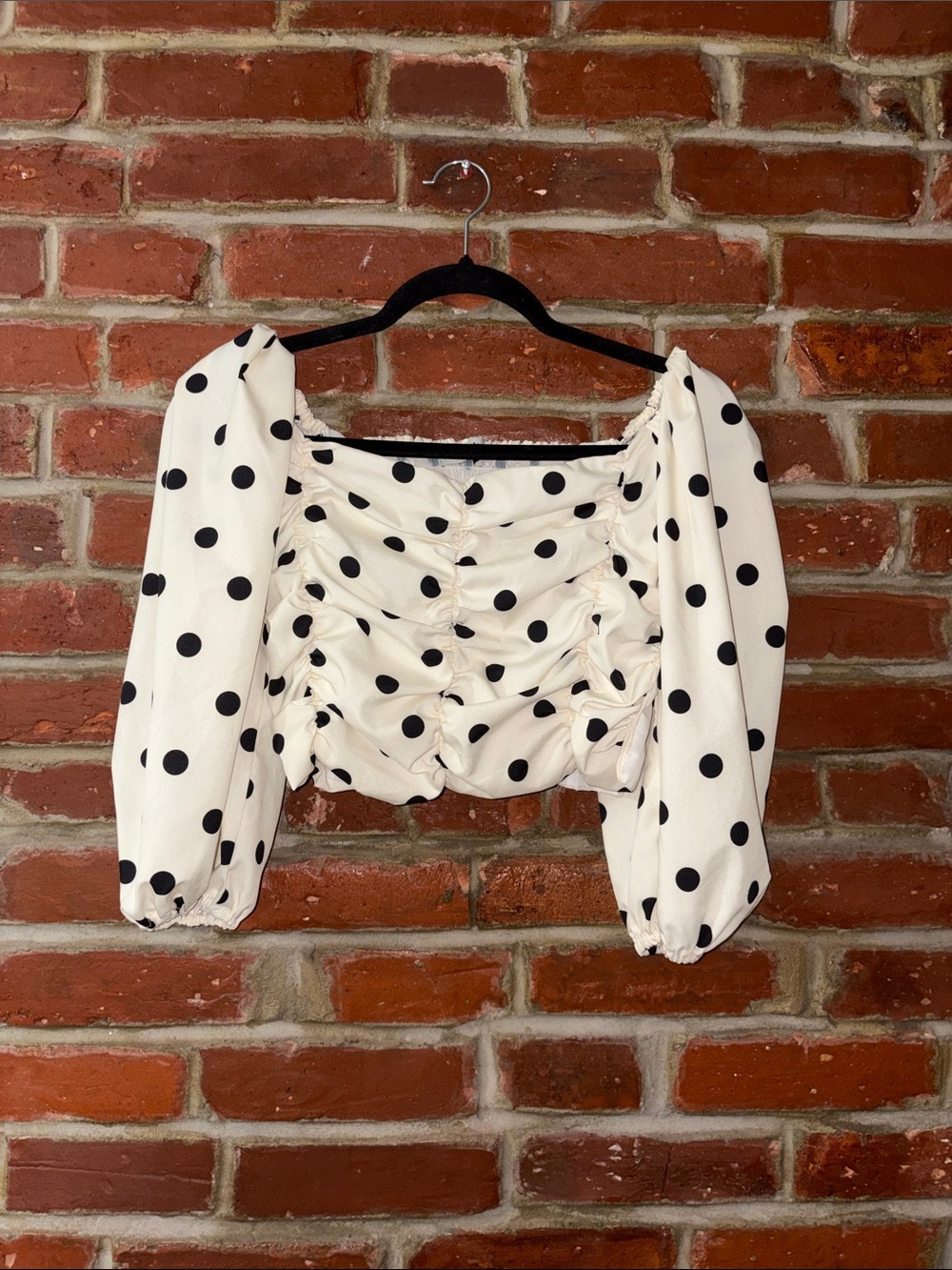 Polka Dot Ruched Puff Sleeve Top - Cream/Black Size Medium